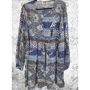 Jaase Boho Tunic Top L Blue Patchwork Print Peasant Blouse Cottage Cowgirlcore